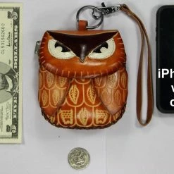 Purses Littlekapsworld Women's Owl Genuine Leather Mini Purse Wristlet Light Brown