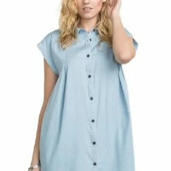 Pleated Shoulder Denim Like Tunic Dress By IVETH
