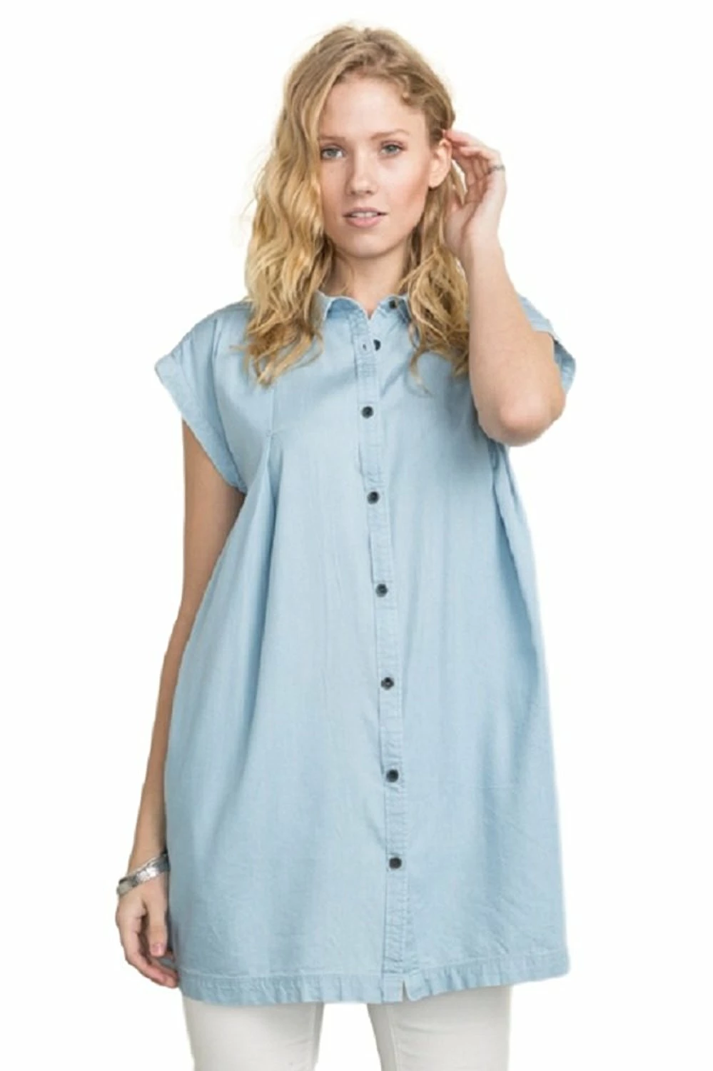 Pleated Shoulder Denim Like Tunic Dress By IVETH 3 Pleated Shoulder Denim Like Tunic Dress By IVETH