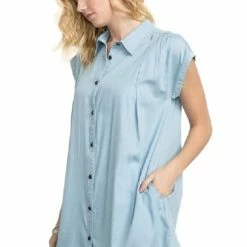 Pleated Shoulder Denim Like Tunic Dress By IVETH