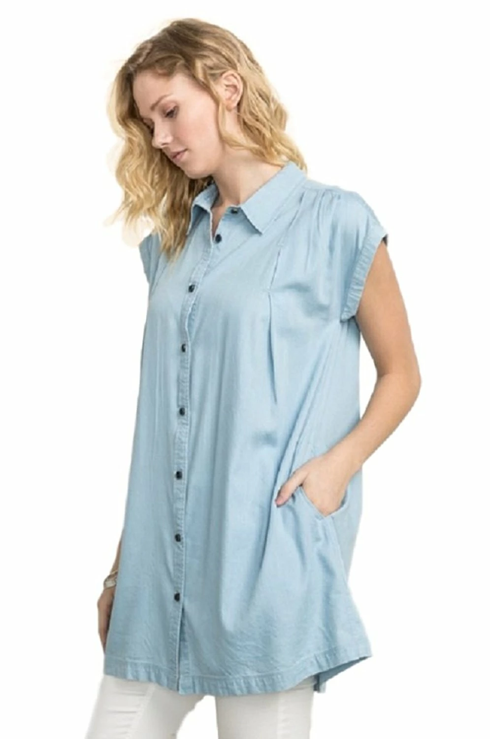 Pleated Shoulder Denim Like Tunic Dress By IVETH 4 Pleated Shoulder Denim Like Tunic Dress By IVETH