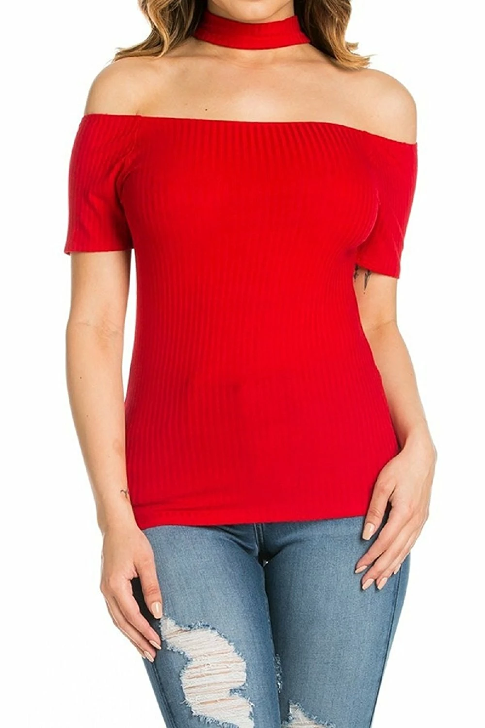 IVETH Apparel Fitted Neck Halter Off The Shoulder Top With Cap Sleeves 3 IVETH Apparel Fitted Neck Halter Off The Shoulder Top With Cap Sleeves